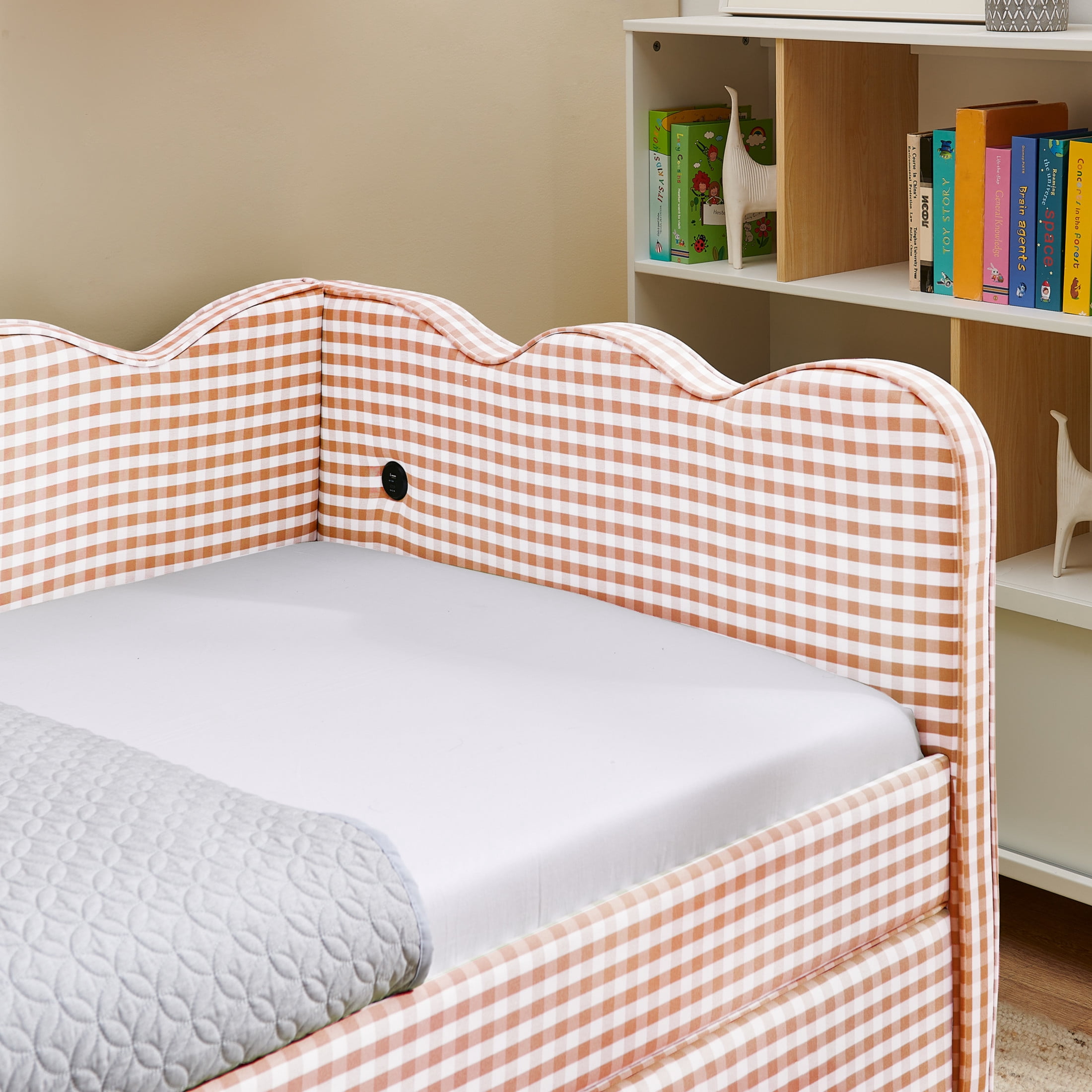 Noble House Corlan Twin Size Waved Daybed, Cozy Gingham Linen Sofa Bed with Storage Drawers and Charging Port, Pink