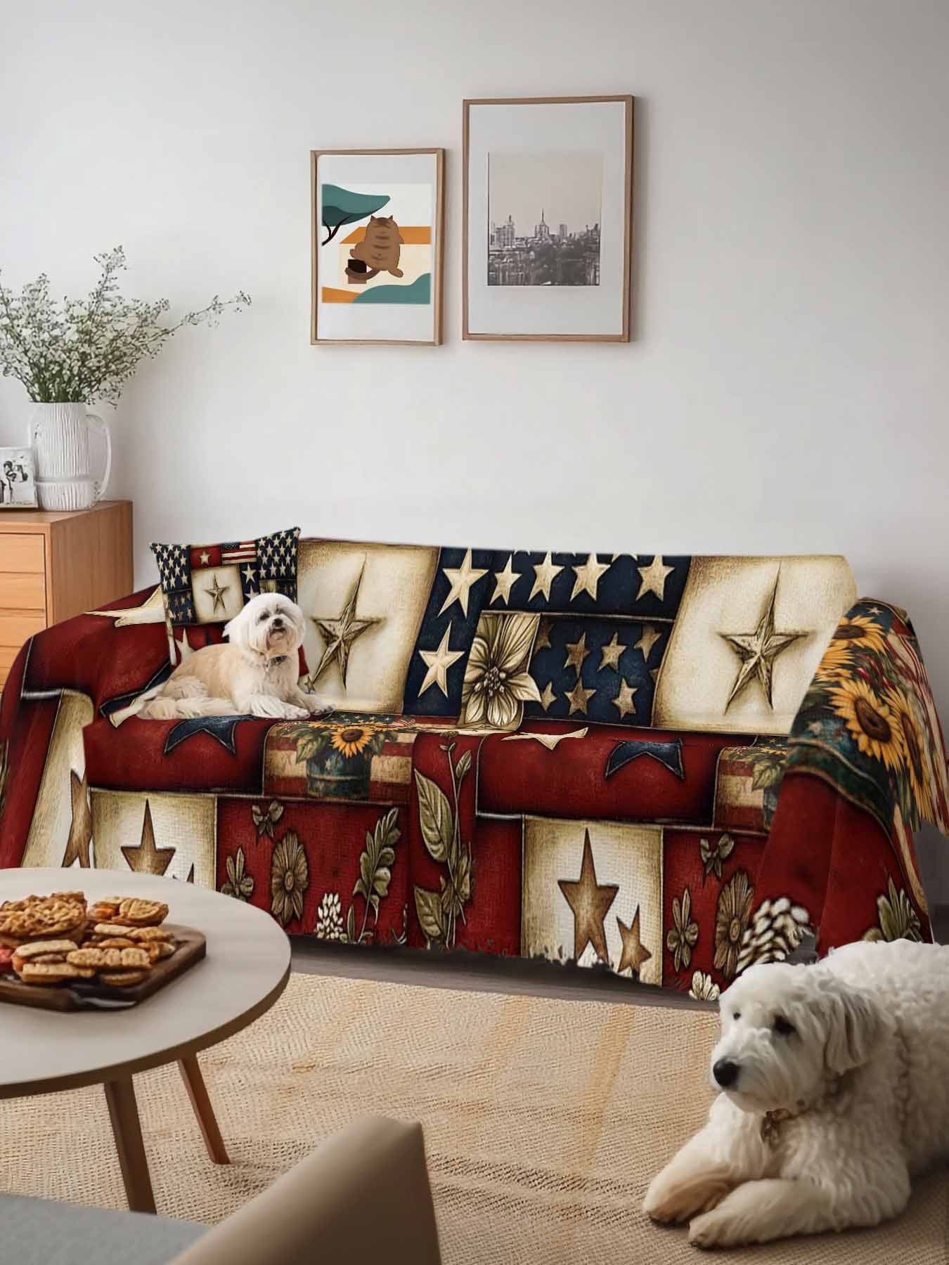 American Flag Sofa Covers for 2-3 Cushion Couch L-Shaped Sectional, Texas Star Farmhouse Sunflowers Blue Red Washable Sofa Covers Slipcover for Living Room Furniture, Couch Cover Blanket 71"x134"