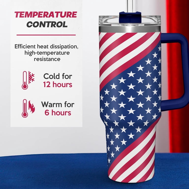 40oz American Flag Tumbler With Handle & Straw - Insulated Stainless Steel, Patriotic USA Gift