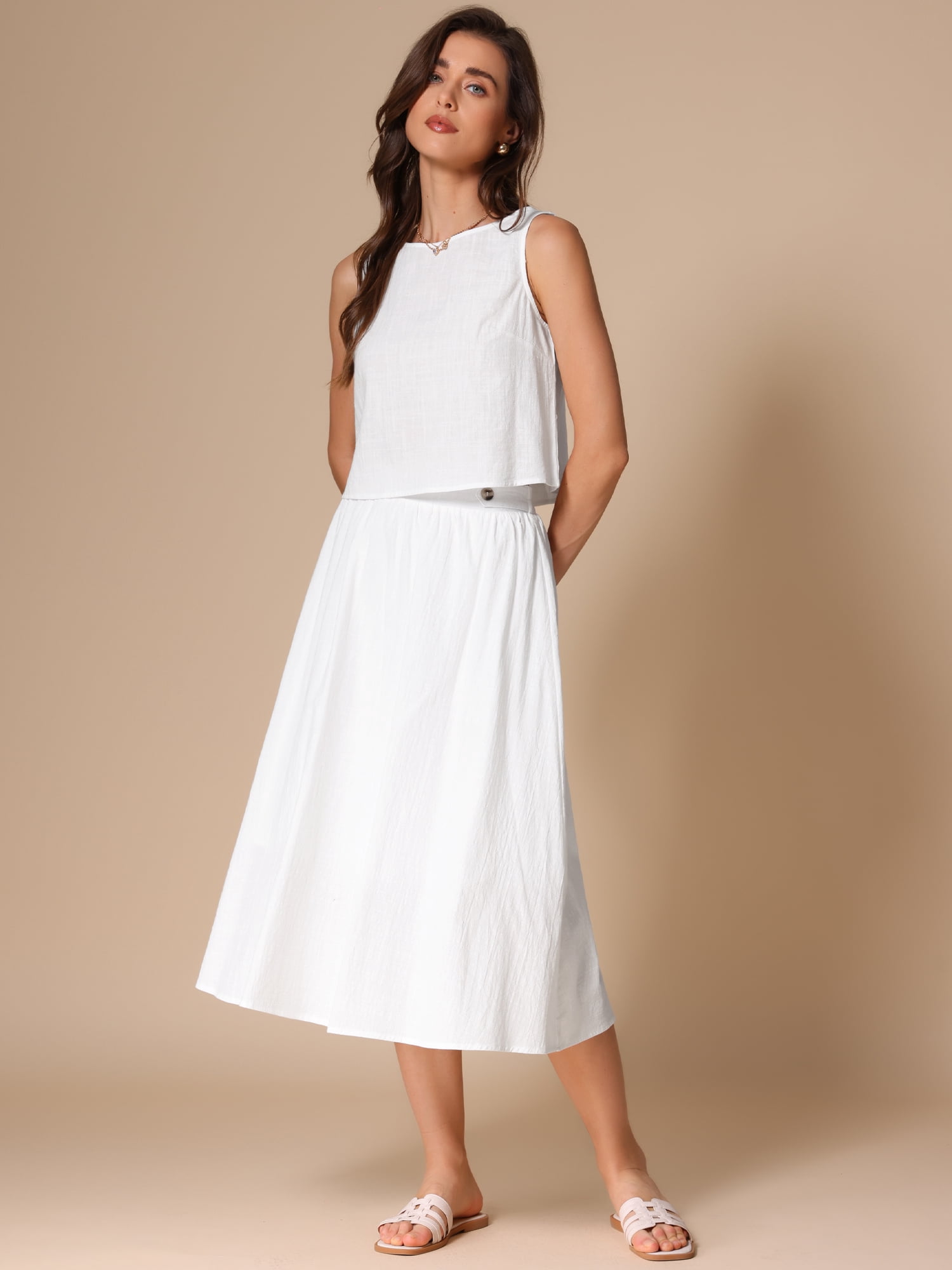 DARING DIVA Women's 2 Piece Round Neck Sleeveless Crop Top Midi Skirt Suit Set XS Beige