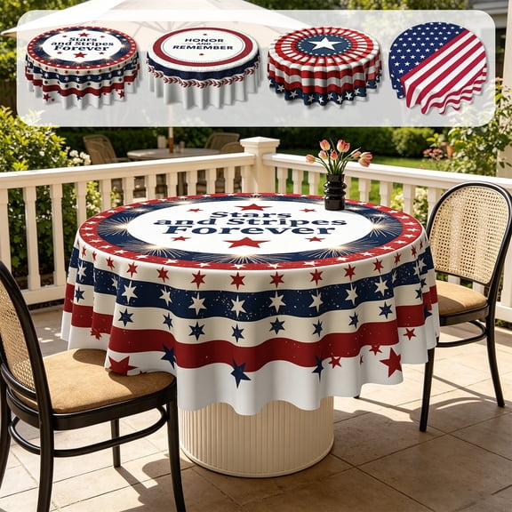 Runner Clearance! 4th of July Round Tablecloth 60 Inch, Patriotic Star Waterproof Table Cover, Stain Resistant Polyester Tablecloth for Independence Day BBQ Picnic Dining Decor