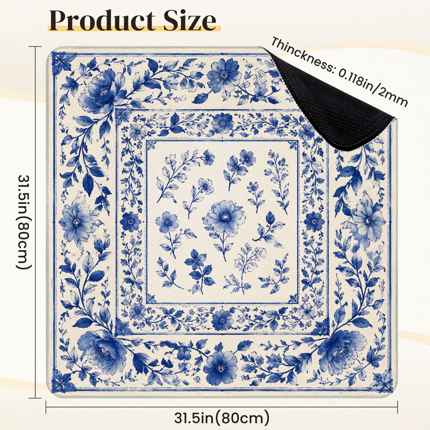 Mahjong Mat 31.5" x 31.5" Blue White Floral Ornamental Vintage Style Non-Slip Noise Reduction Mahjong Tiles Table Cover for Dominoes Poker Card Board and Tile Games