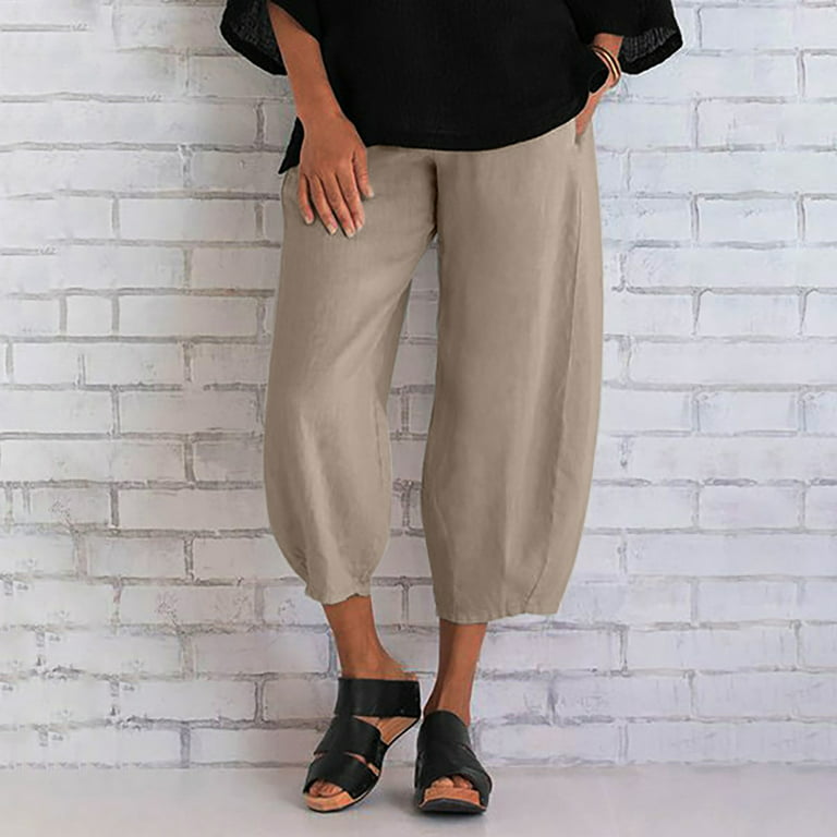 Dadaria Linen Pants for Women High Waist Set Loose Cotton Linen Solid Color  Wide Leg Pants Beige XXL,Female