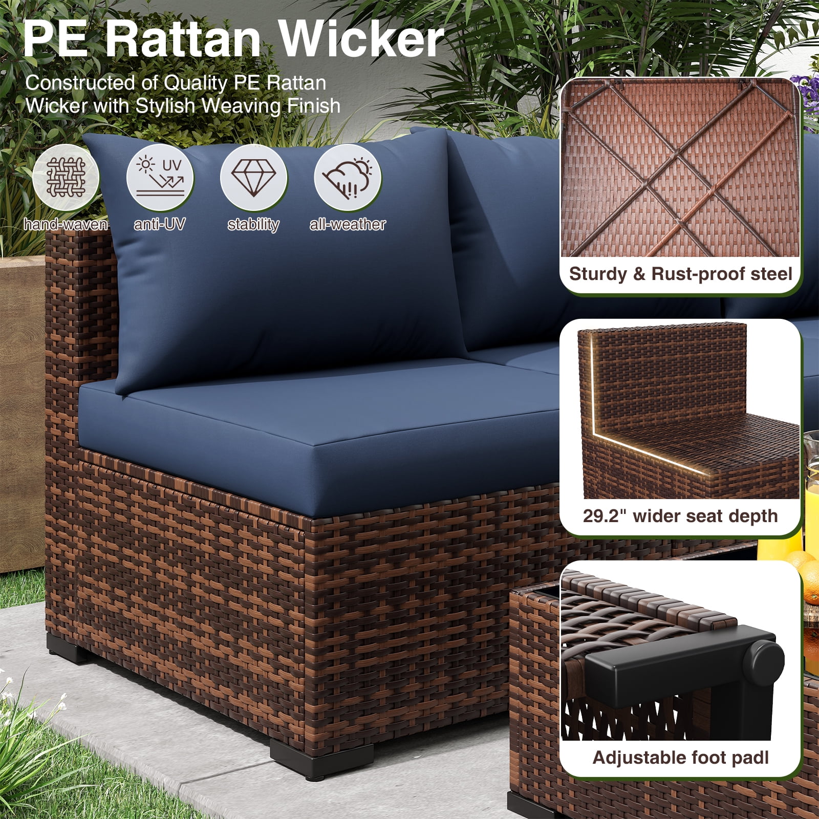 ELPOSUN Patio Furniture Set, Outdoor Patio Furniture Wicker Sectional Furniture Couch Set, 9 Pieces Outdoor Sectional Sofa with Fire Pit Table, Outdoor Patio Set for Outdoor Furniture (Navy Blue)