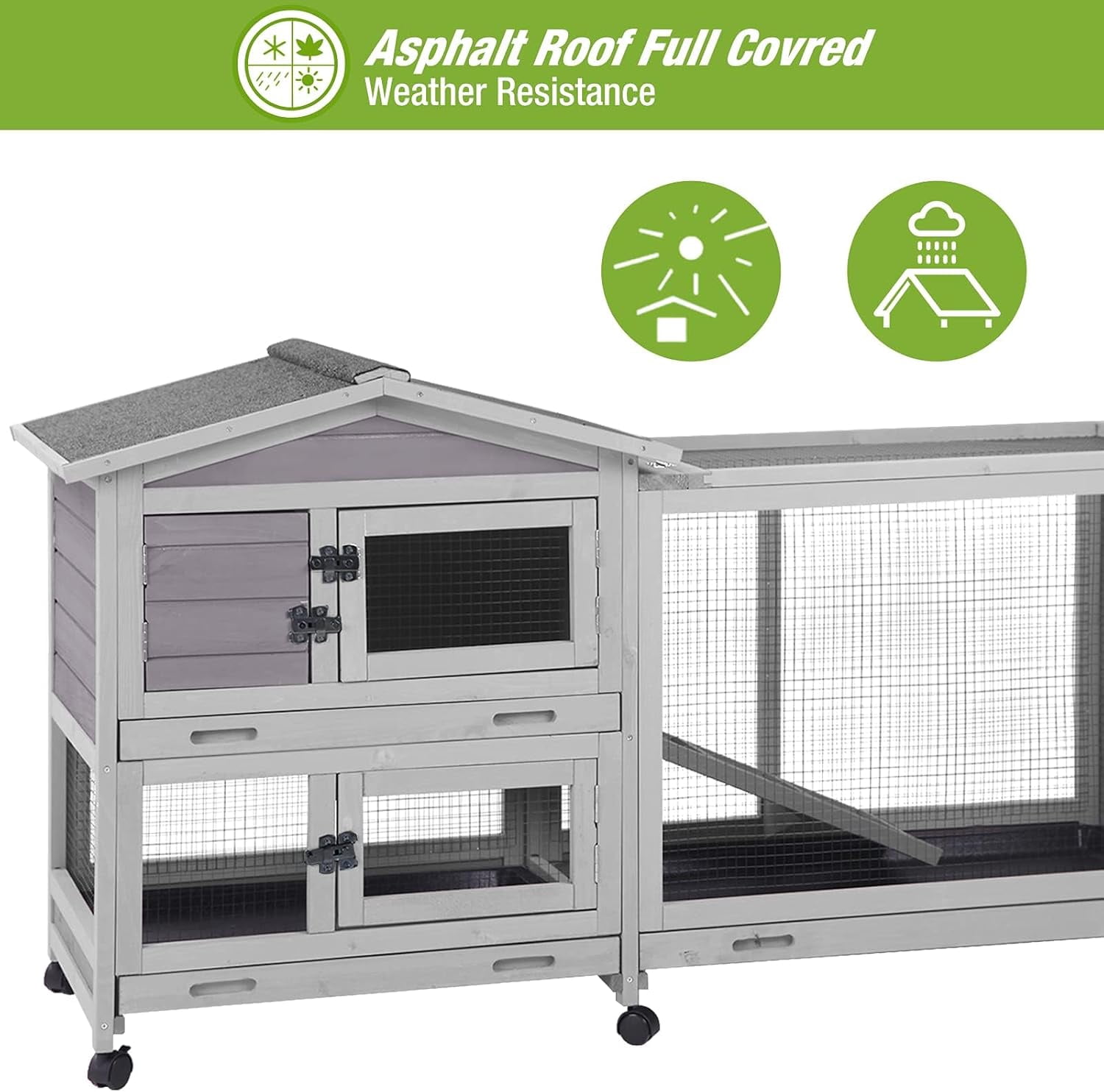 MEDEHOO Bunny Cage Indoor Outdoor Rabbit Hutch with Casters Waterproof Roof, Pull Out Tray from Back and Front, 61.2" L x 22.6" W x 33.5" H