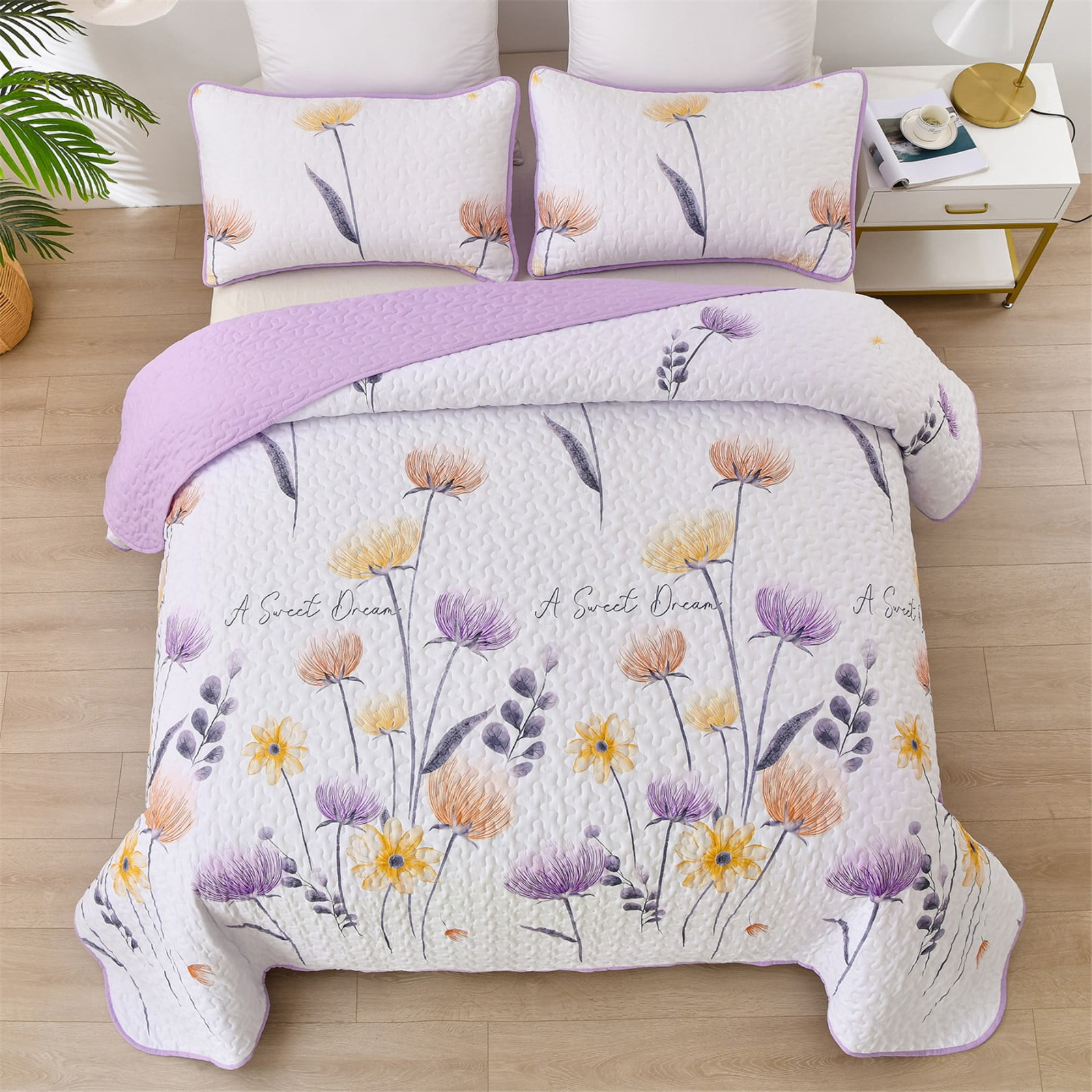 Dintszyayue Floral Quilt Set King Size, 3Pcs Purple Bedding Set Lightweight Coverlet Adult(90"x110")