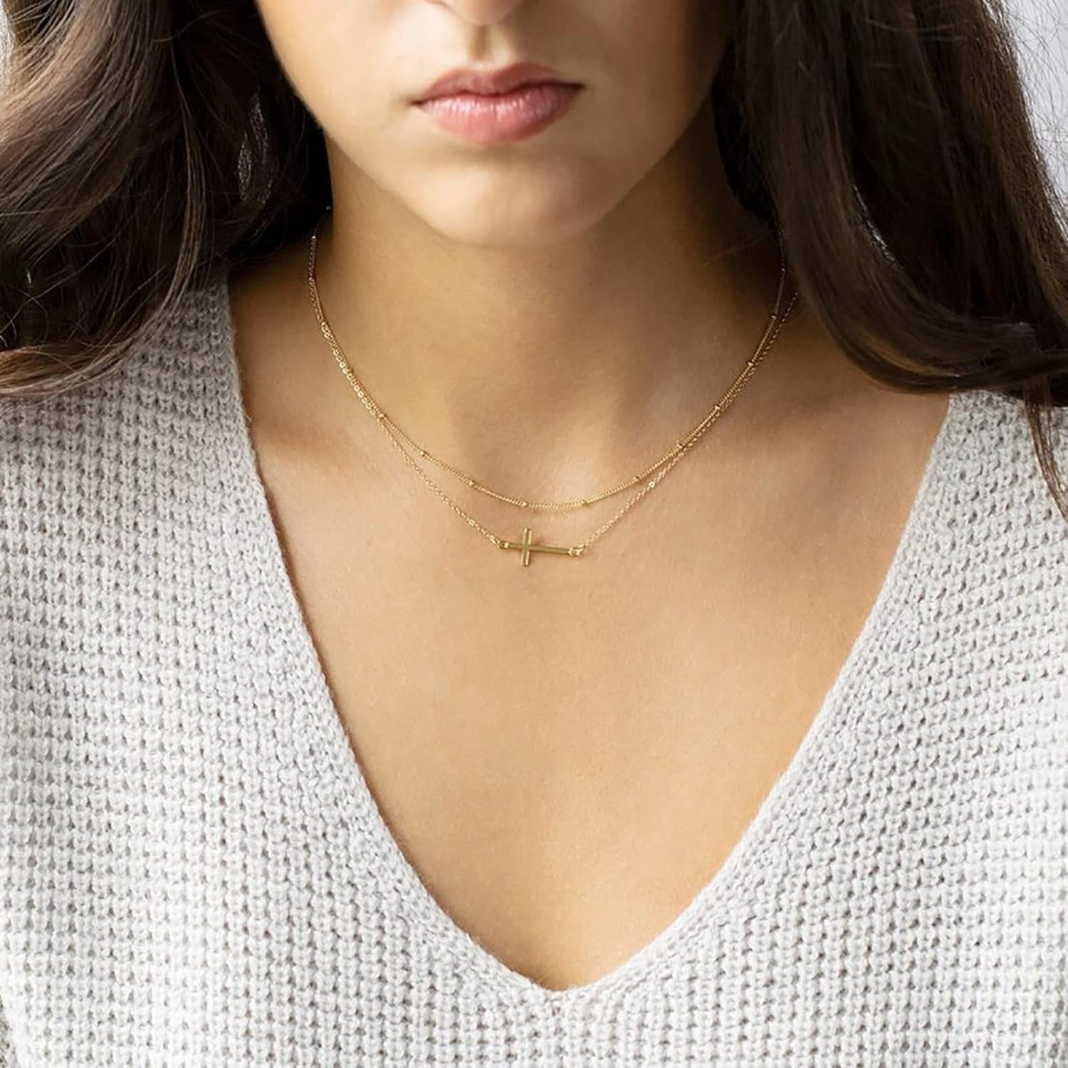 Cross Necklace For Women 14K Gold Plated Dainty Layered Cross Paperclip Chain Choker Necklace Set Horizontal Sideways Cross Necklace Minimalist Trendy Jewelry Gifts[o1764]