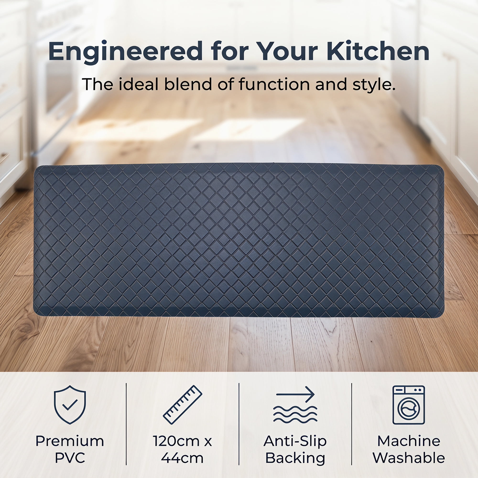 Unique Bargains Geometric Anti-fatigue Oil-proof PVC Floor Pads Dark Blue 47" x 17"