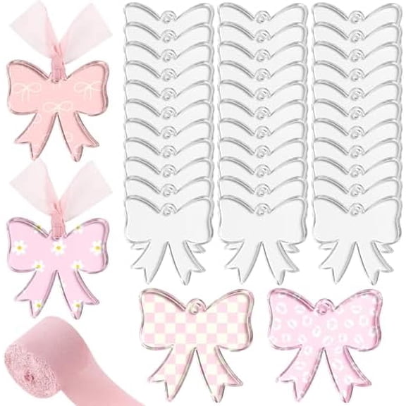 50 Pcs Bow Acrylic Blanks Clear Sublimation Keychains with 1 Rolls Ribbon DIY Bookmarks Blanks Tags for Craft Reading Lovers Gift Keychain Luggage Handbag Travel Suitcase Tags$$Office