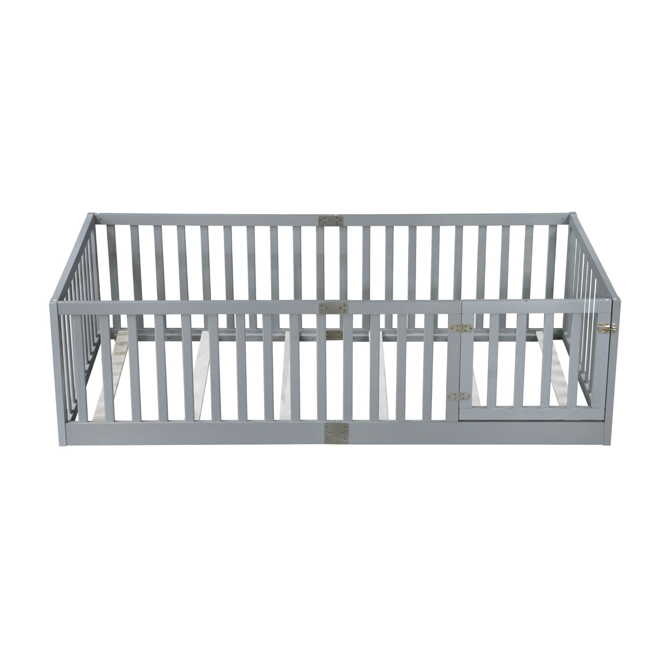 Noble House Alista Twin Size Rubber Wooden Floor Bed with High Safety Fence Guardrails and Door, Grey