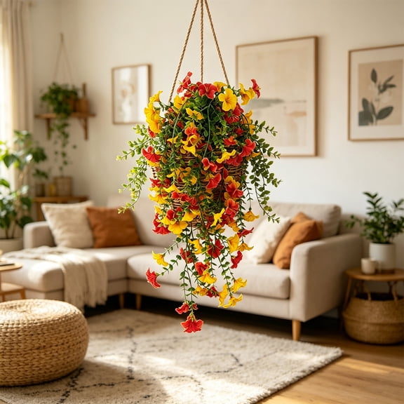 chaungfeng Artificial Fake Hanging Flowers Plants 2pack, Faux Silk Daisy with Eucalyptus Leaves UV Resistant for Outside Home Indoor Planter Porch Patio Balcony Yard Decor (2, Red-Yellow)