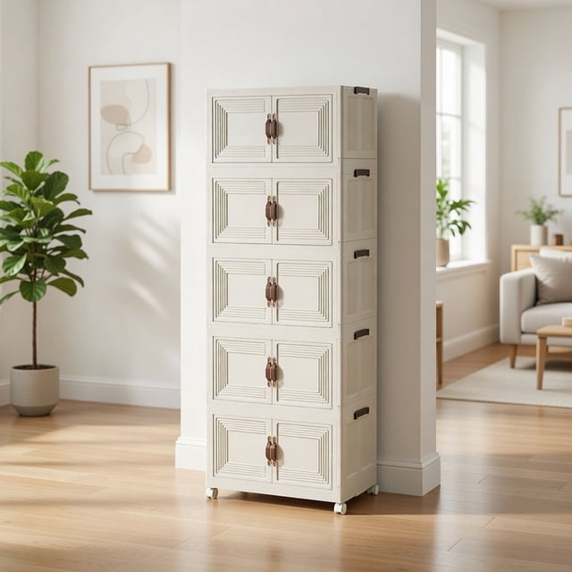 Toytexx 6-Tier Folding Storage Cabinet with Wheels, Stackable Plastic Organizer with Magnetic Doors, Slim Vertical Storage Rack for Bedroom, Office, Kitchen, White