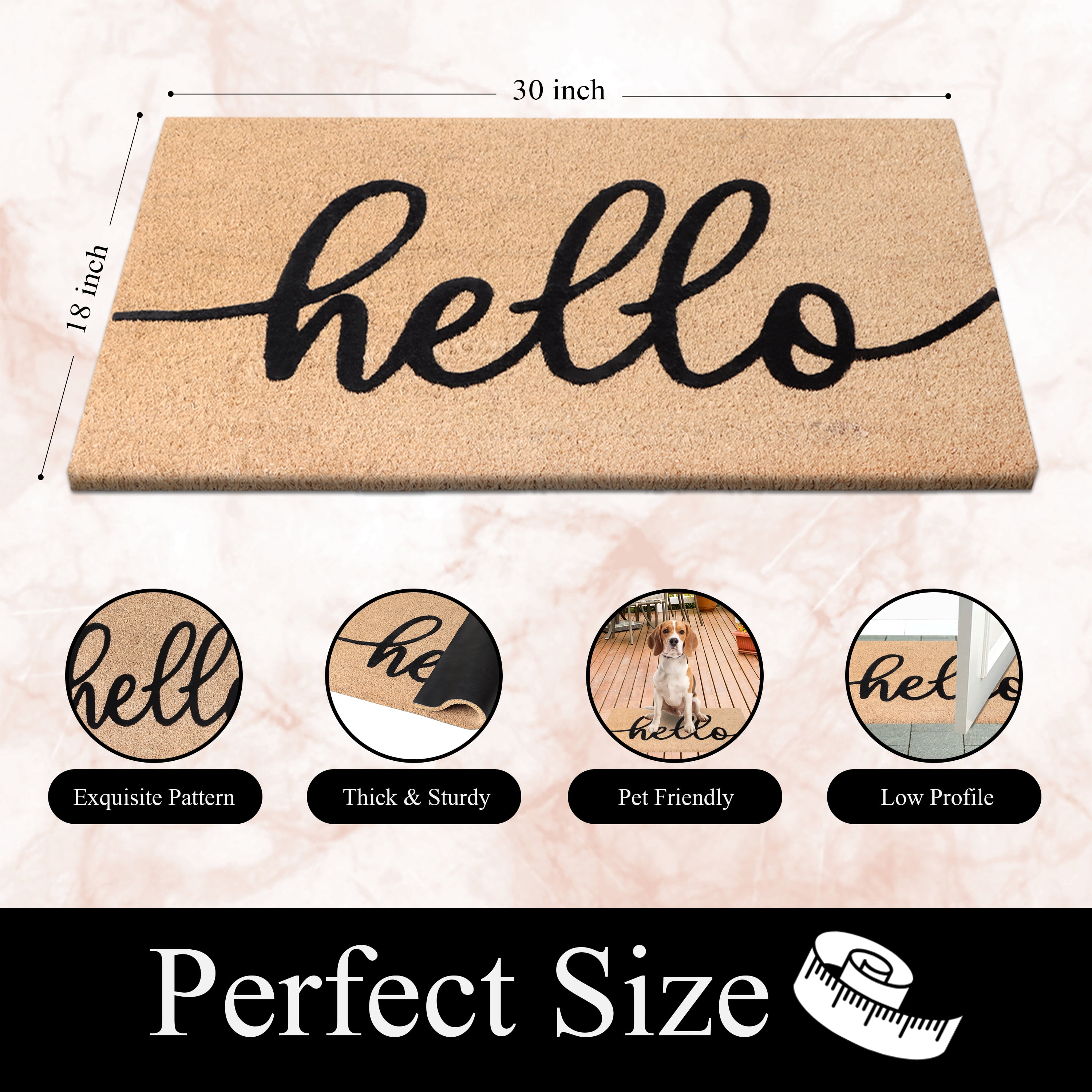 A1HC Natural Coir Flocked Doormat, Black Hello , 18"x30", Durable Outdoor Welcome Mat, Non-Slip, Pet Friendly, Fade Resistant