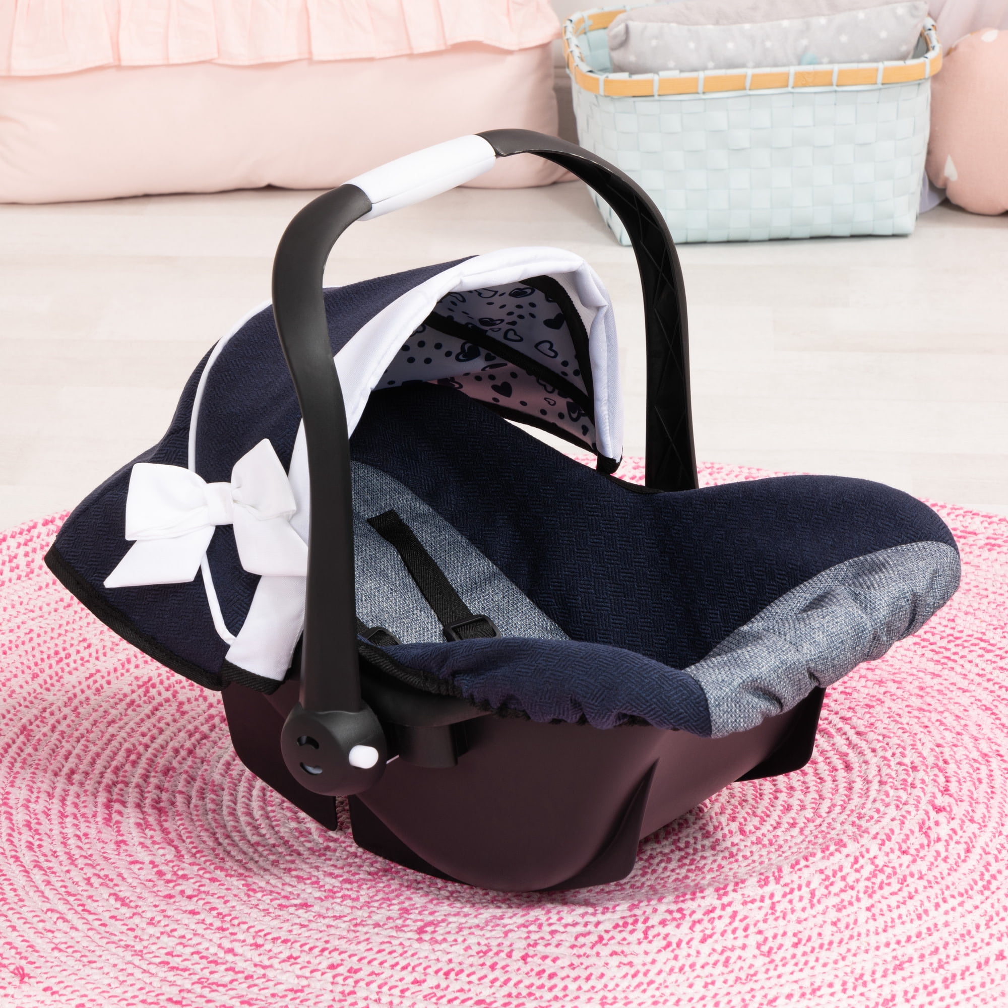 Bayer Design: Doll Deluxe Car Seat - Navy Blue & White - Portable Travel Carrier For Dolls Up To 18", Sunshade & Carry Handle, Use As Rocker, Kid 3+