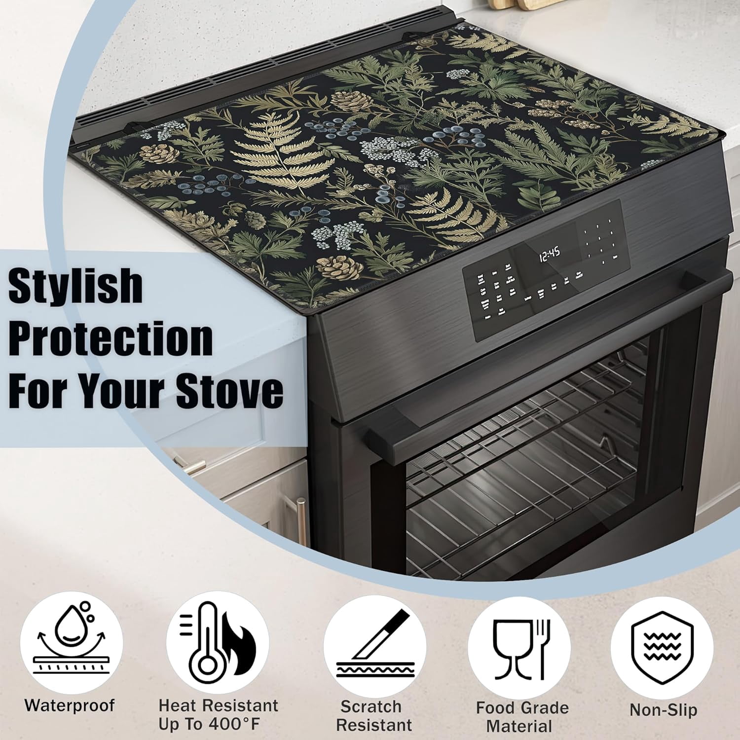 Green Leaves Glass Top Stove Cover Protector,Summer Forest Berry Heat Resistant Stove Top Cover, Large Size Range Covers for Electric Stove Countertop Mat, 28 x 20 Inch