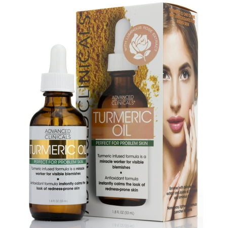 Advanced Clinicals Turmeric Oil for face. Antioxidant formula with Rose Extract and Jojoba oil for dry skin, redness, and skin blemishes.  Large 1.8oz glass bottle with
