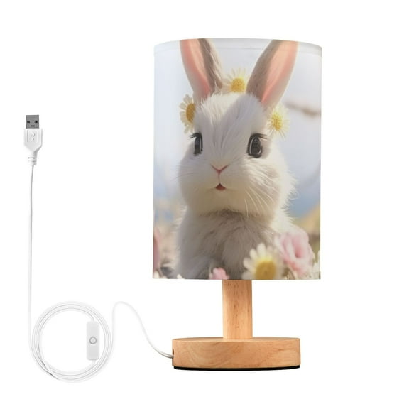 Rabbit Flowers White Table Lamp USB Bedside Desk Nightstand Lamp Printed Gifts Small Lamp Wood Base for Bedroom Living Room Kids Room College Dorm
