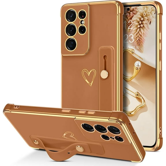 Samsung Galaxy S21 Ultra Case, Galaxy S21 Ultra Phone Case Love Heart Cute Case with Wristband Kickstand Holder Soft TPU Plating Bumper Protective Galaxy S21 Ultra Case for Girls Women, Brown