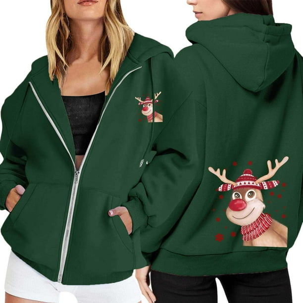 WILLBEST Sudadera Deportiva para Mujer Ladies' Christmas Printed Zipper Long Sleeved Pocket Adjuststring Casual Hooded Sweatshirt 2248 Grande