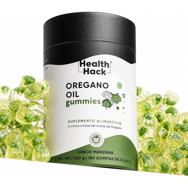 Gomitas de Aceite de Orégano Health Hack con Extracto de Granada y Uva Sabor Manzana 180 Gomitas