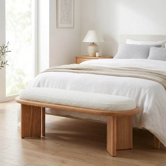 Noble House 46.85" Solid Wood End of Bed Bench,Upholstered Entryway,Beige