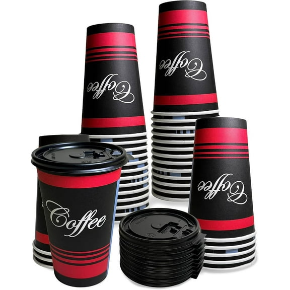 EcoQuality 20 oz Disposable Paper Coffee Cups with Black Flat Lids, Recyclable Hot/Cold Beverage Paper Drinking Cups with Lids for Tea, Water, Coffee, Travel, Picnic, Breakroom, Office (100 PACK)