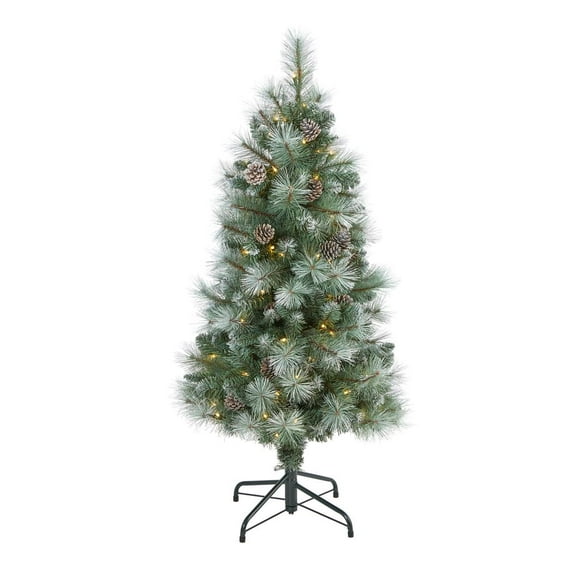 4 Frosted Tip British Columbia Mountain Pine Artificial Christmas Tree with 100 Clear Lights, Pine Cones and 228 Bendable Branches