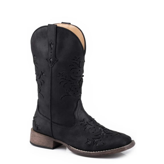 Roper Footwear Womens Women`s Roper Vintage Faux Leather 11In Glitter Under Lay Top Cowgirl Boot 9 B Black