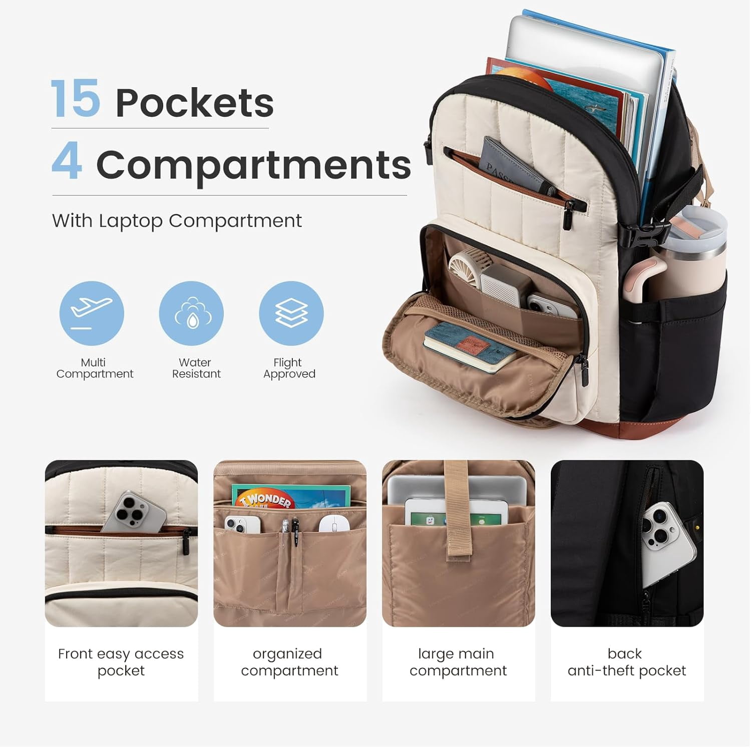 LOVEVOOK Laptop Backpack for Women with Pouch Pocket for Large Capacity Cup,15.6 Inch Lightweight Puffer Computer Laptop Bag Quilted Travel Backpack Purse for Work College Teacher Personal Item,Black