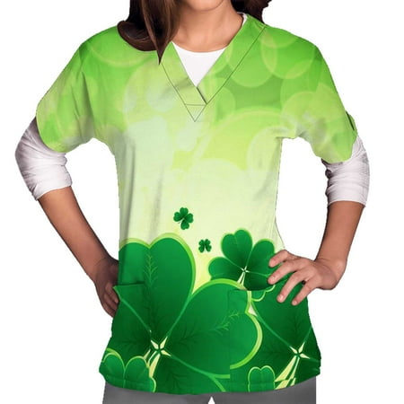 

Scrubs for Women St. Patrick s Day Printed Short Sleeve V Neck Nursing Uniform Holiday Fun Clover Patterned Tshirts Tops