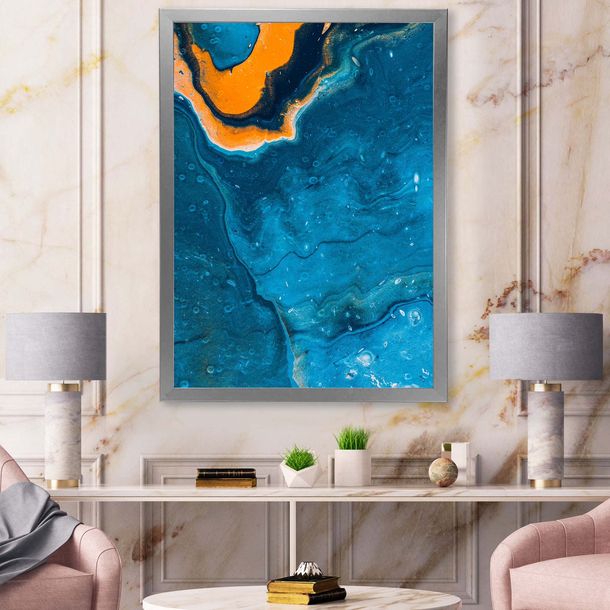 Designart 'Abstract Marble Composition In Orange and Blue III' Modern Framed Art Print