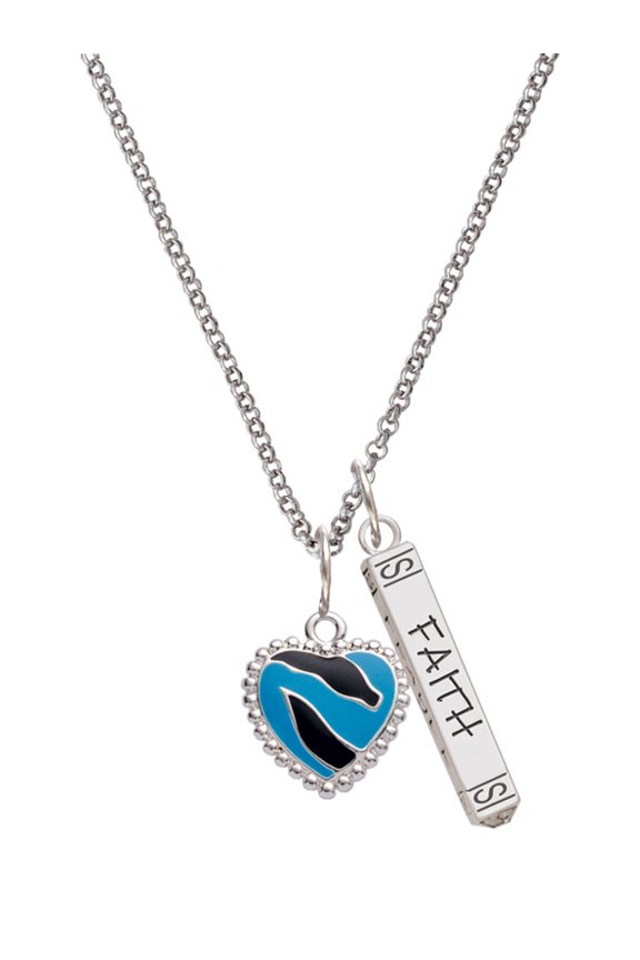 Silvertone Hot Blue Zebra Print Heart Silvertone Believe Faith Prayer Hope Bar Charm Necklace, 23"