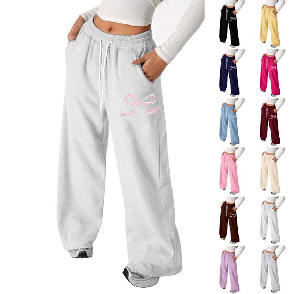 Sweatpants for Kids Elastic Waist Casual Trousers Wide Leg Sweatpants Girls Athletic Pants Girls Bow Print Sweatpants School Clothes 4-5 Years