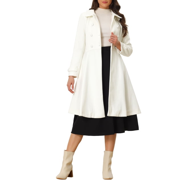 Abrigo de invierno de mujer vintage sólido de línea A con doble botonadura y cuello M blanco