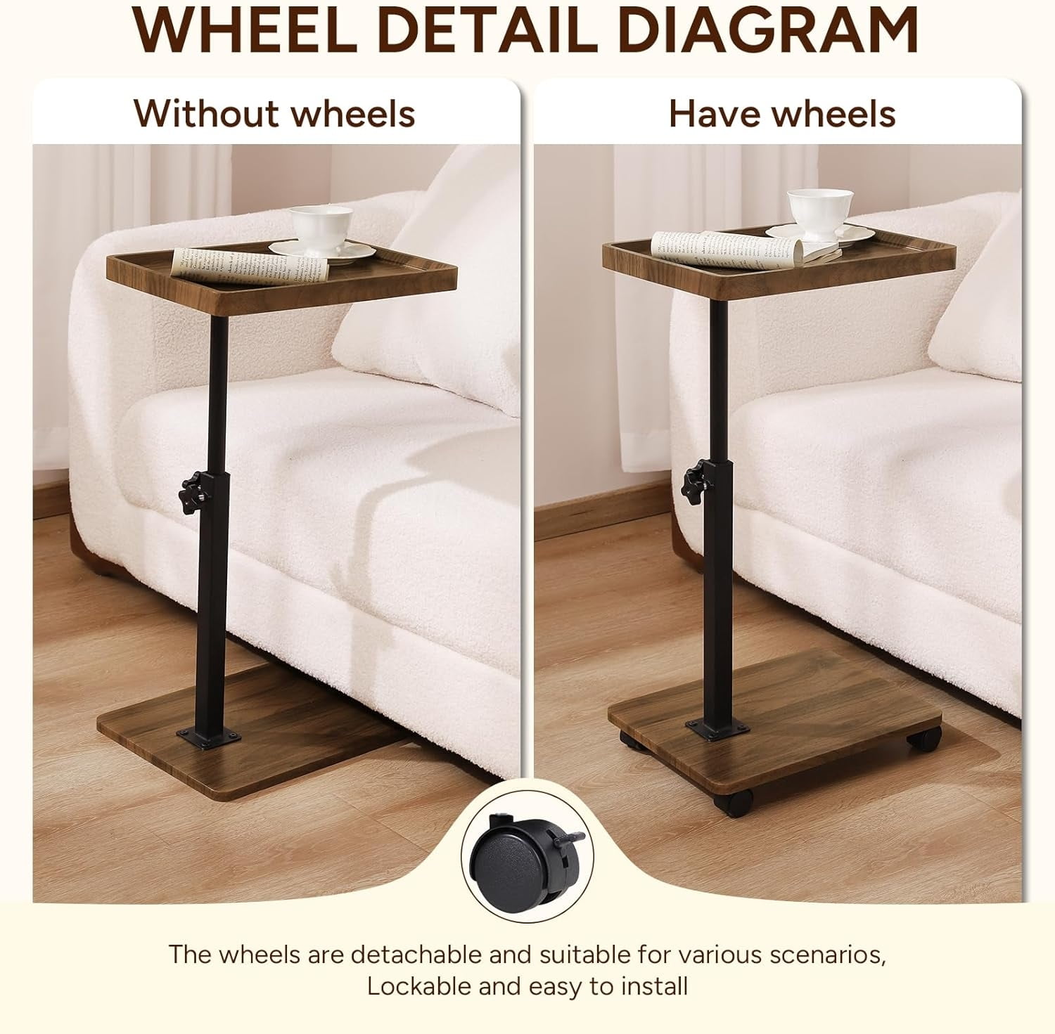StarZe Adjustable Height C Shaped End Table,360° Swivel Side Tables with Wheel  for  Livingroom, Bedroom,Primary.