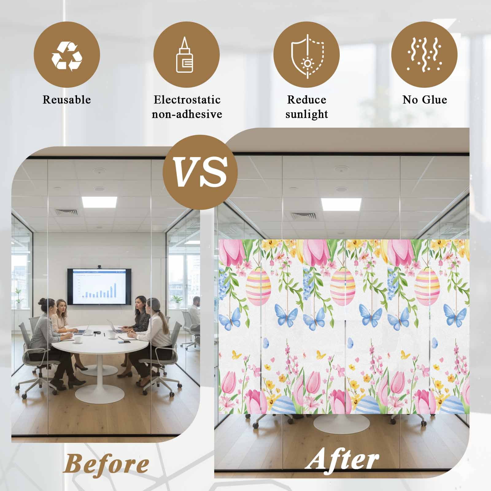 Easter Flowers Window Privacy Film, Watercolor Country Pink Blue Yellow Floral Eggs Butterfly Frosted Glass Window Clings Static Cling UV Heat Blocking Reusable Sticker for Bedroom 35.4x78.7 Inch