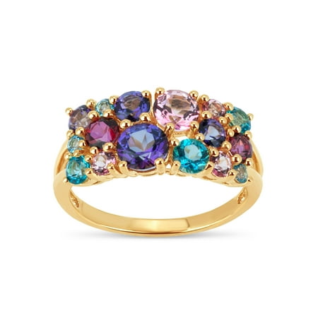 - Multi Color Topaz Swarovski Genuine Gemstone 18kt Gold Over Sterling Silver Cluster Ring