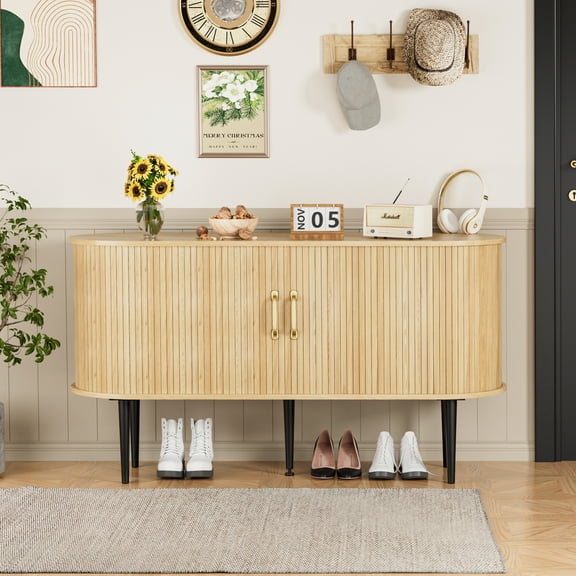 VEIKOUS 29.5"H Sideboard Cabinet W/ Curved Sliding Doors and 4 Compartments, Anti-Tip Design, Natural