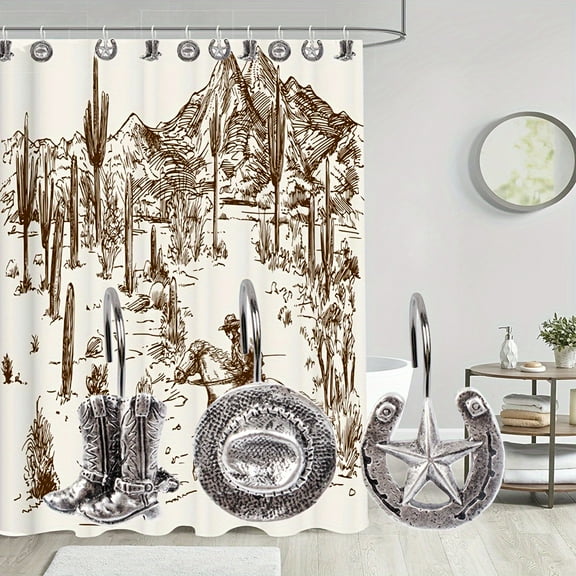 WSBArt 12Pcs/Set Western Cowboy Themed Vintage Style Decorative Shower Curtain Hooks with Five Pointed Star Shoes and Hats Designs in Reddish Silver Finishes for a Rustic Bathroom Accent
