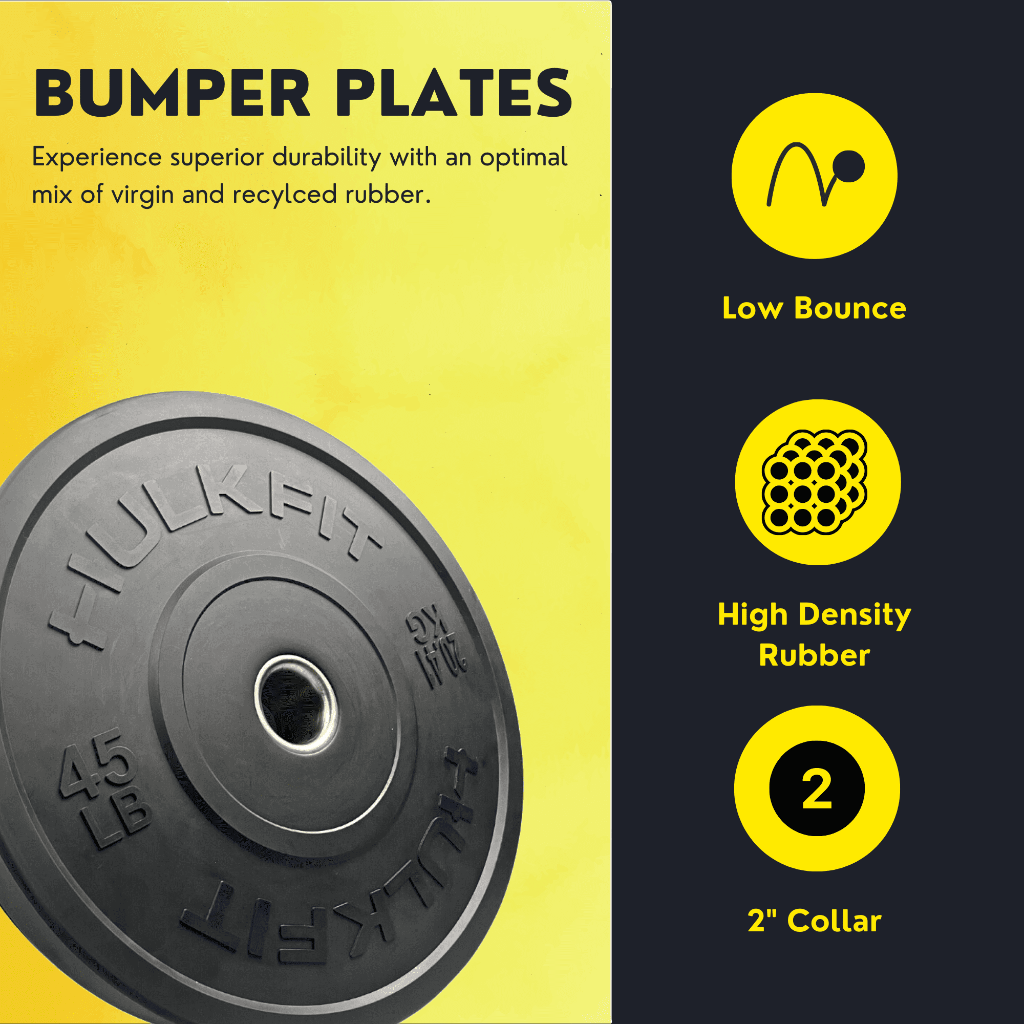 Hulkfit 2” Olympic Shock Absorbing Bumper Weight Plates - 15lb (Pair)