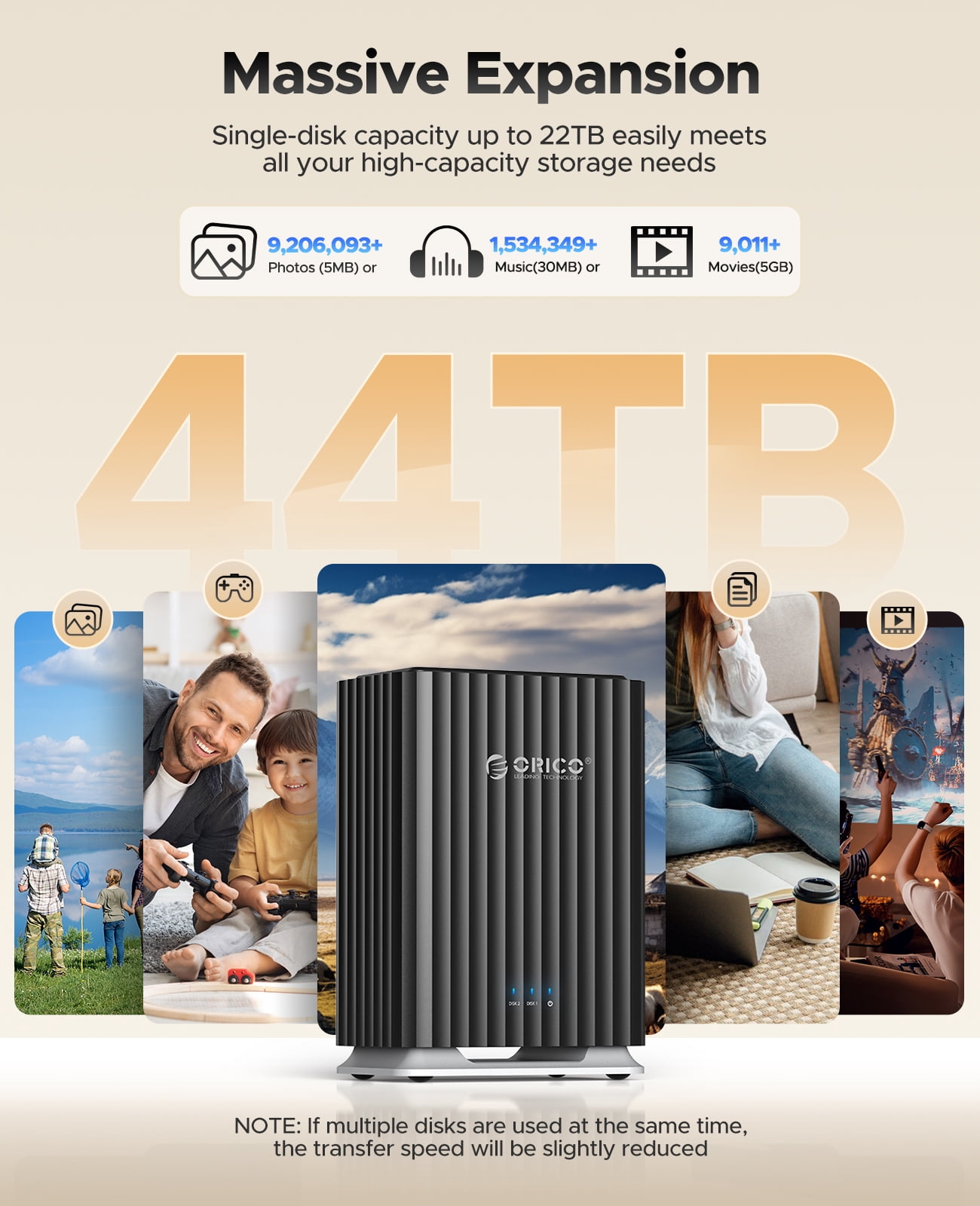ORICO 2 Bay Hard Drive Enclosure with Cooling Fan for 2.5/3.5" SATA HDD/SSD with 2-in-1 USB C to C/A Cable, 3.5 Hard Drive Reader Supports 44TB Capacity, DAS(NO NAS)
