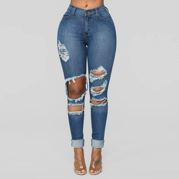 Tdoqot Women's Stretch Relaxed Fit Straight Leg Jean- Ripped Summer Casual Denim Pants Blue Size 12