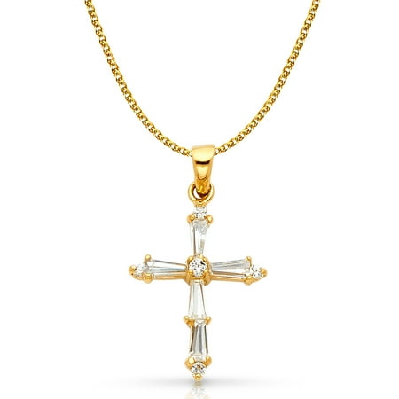 - 14K Yellow Gold Cross Tapered Baguette Cubic Zirconia CZ Charm Pendant with 1.2mm Flat Open Wheat Chain Necklace
