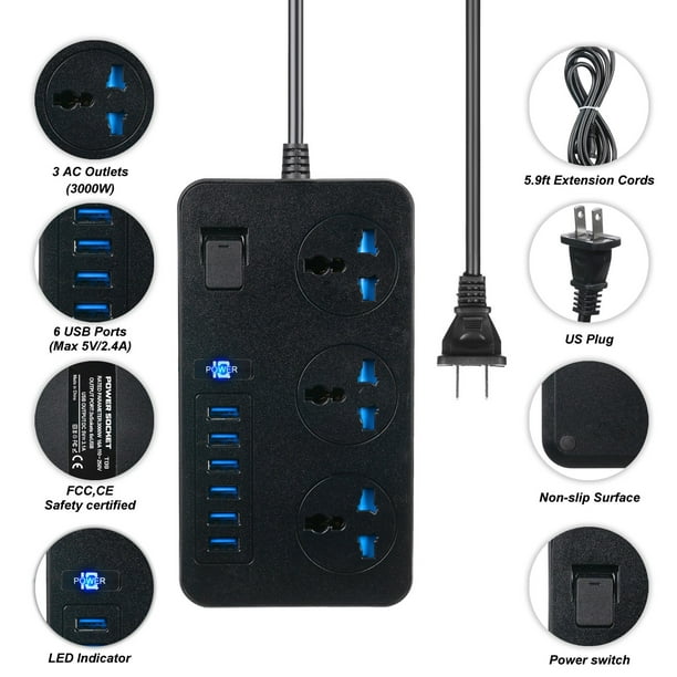 Ryrdwp Surge Protector Power Strip, Extension Cord Outlet 6 Usb Black