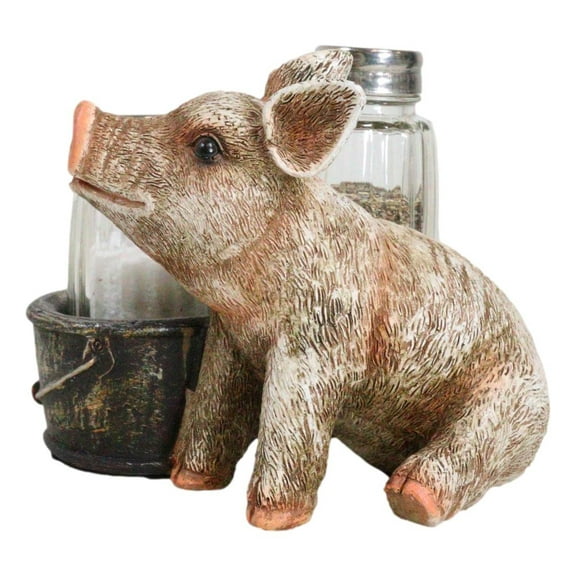 Rustic Barn Porky Pig With Farm Bucket Salt Pepper Shakers Holder Figurine