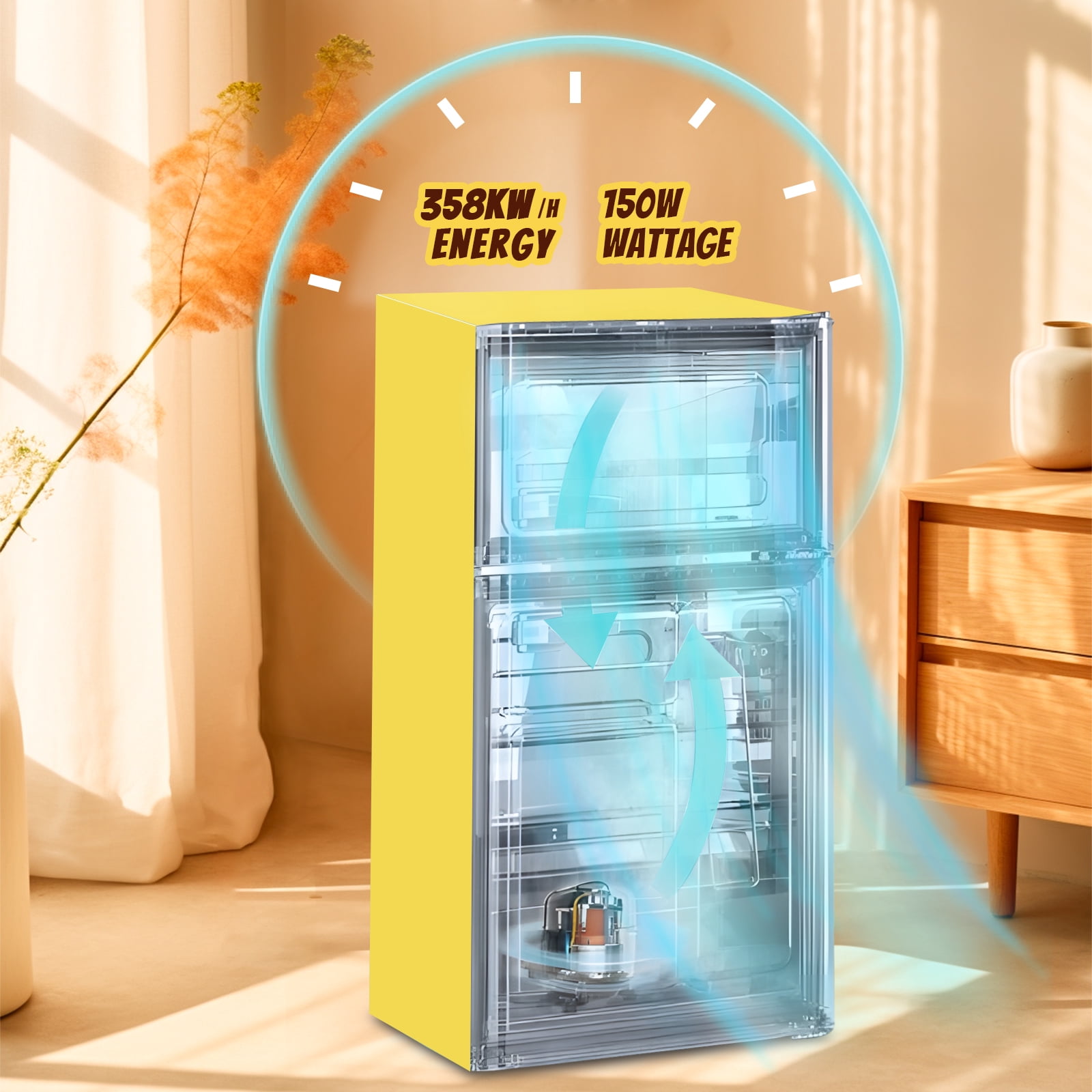 TACOOL Retro Yellow Mini Fridge with Handle Dual Door 3.5Cu.ft Samll Refrigerator with Freezer For Home