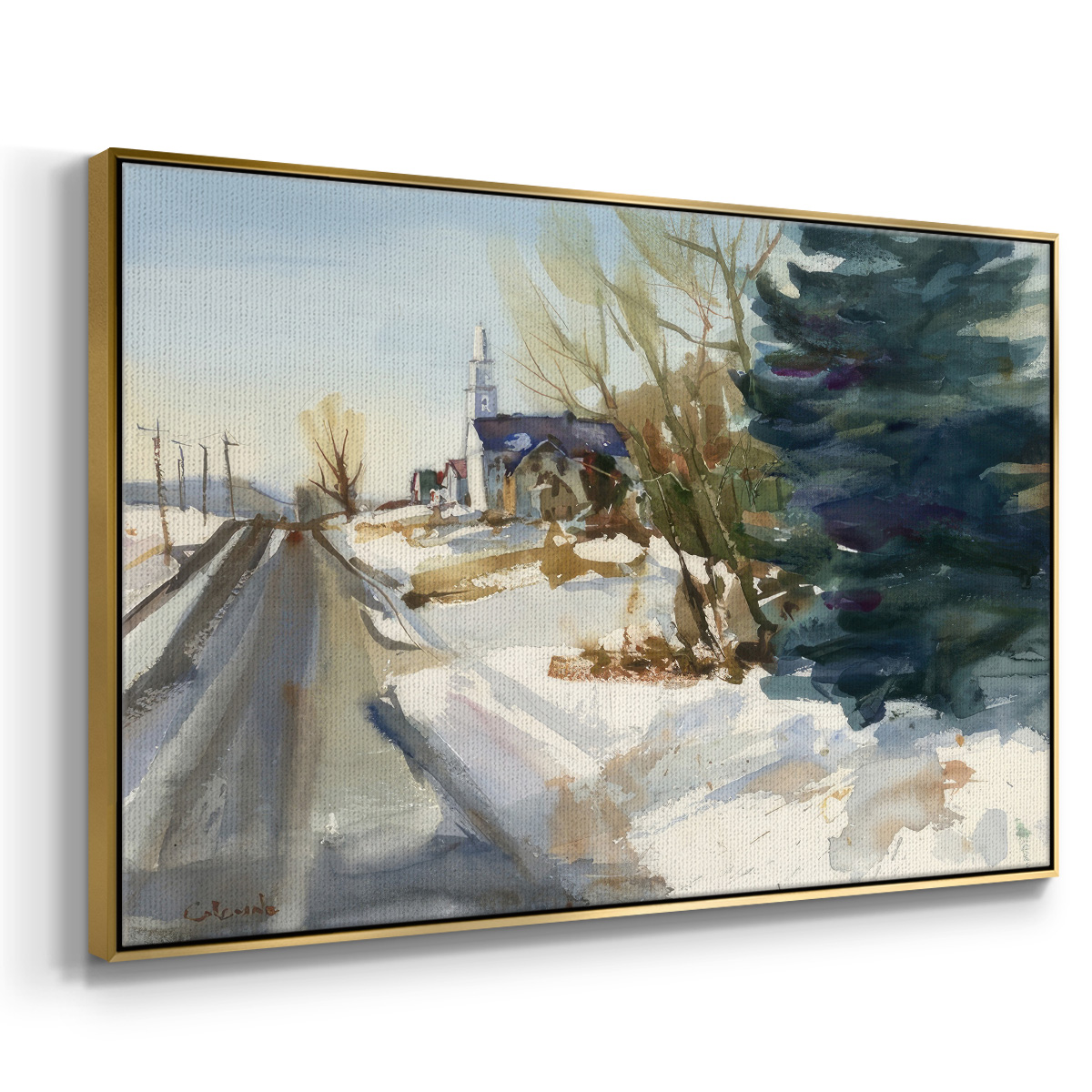 Congregational Church in Winter - Framed Gallery Wrapped Holiday Canvas - 17 x 25 - Gold Frame