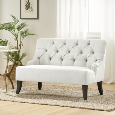 LIGHT GREY Fabric Upholstered Settee for Small Spaces | French Style Settee with Flared Birch Legs, Tufted Backrest, and Plush Seating for Living Room or Apartment