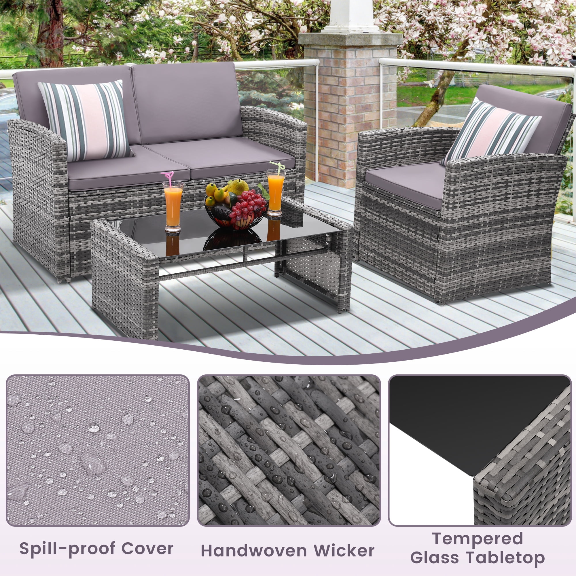 TUAREX Outdoor 4 Piece Wicker Patio Furniture Set, Waterproof Rattan Sectional Sofa with Thick Cushions, Perfect for Patio, Garden, Porch & Backyard, Grey Rattan and Light Grey Cushion