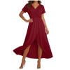 QIUOMBBP Robes Grande Taille pour Femmes Manches Courtes Fente Haute Fluide à Volants Robe Maxi Été Ample Plage Vacances Robe d'Été Bordeaux m